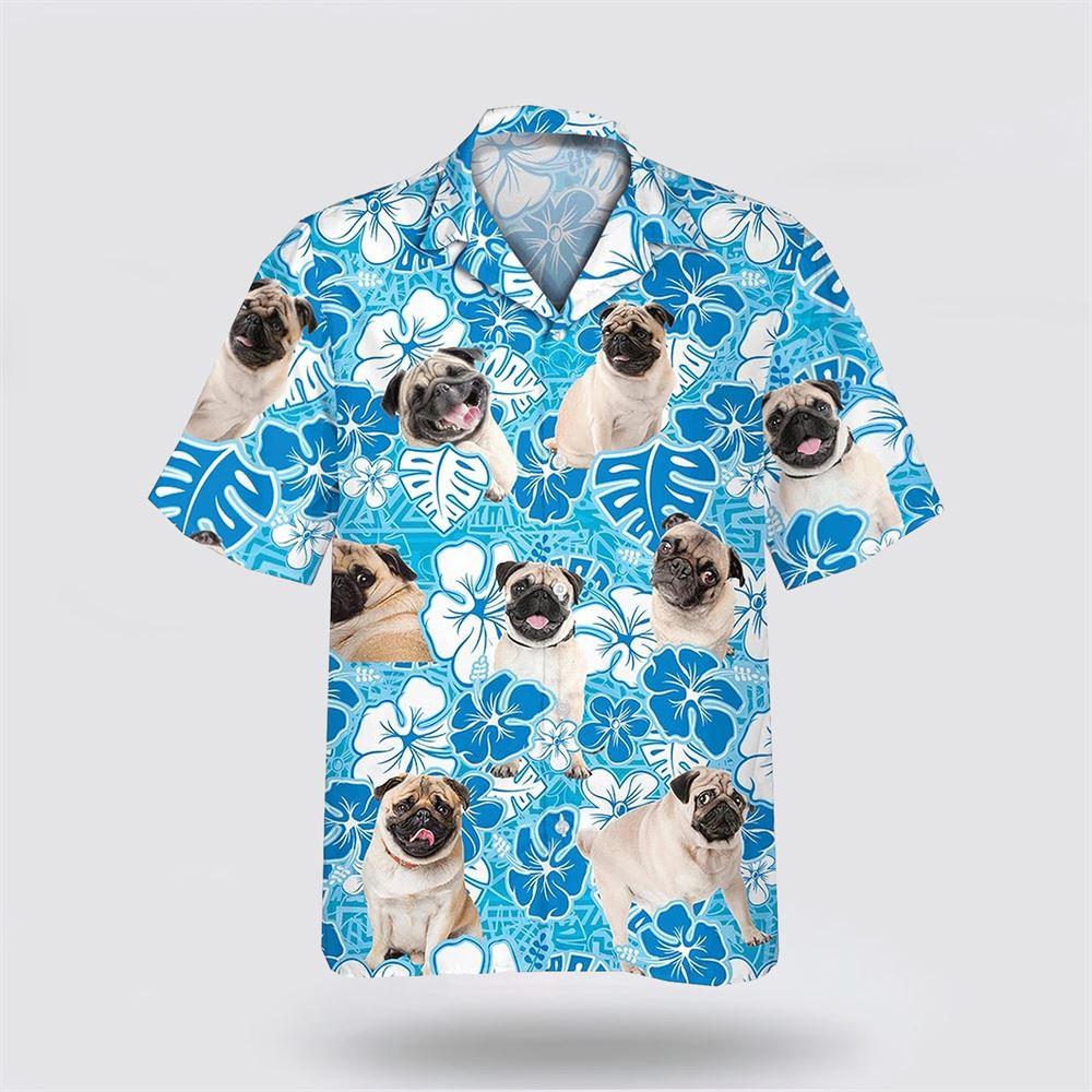 Pug Dog On Blue Flower Background Hawaiin Shirt - Gift For Pet Lover