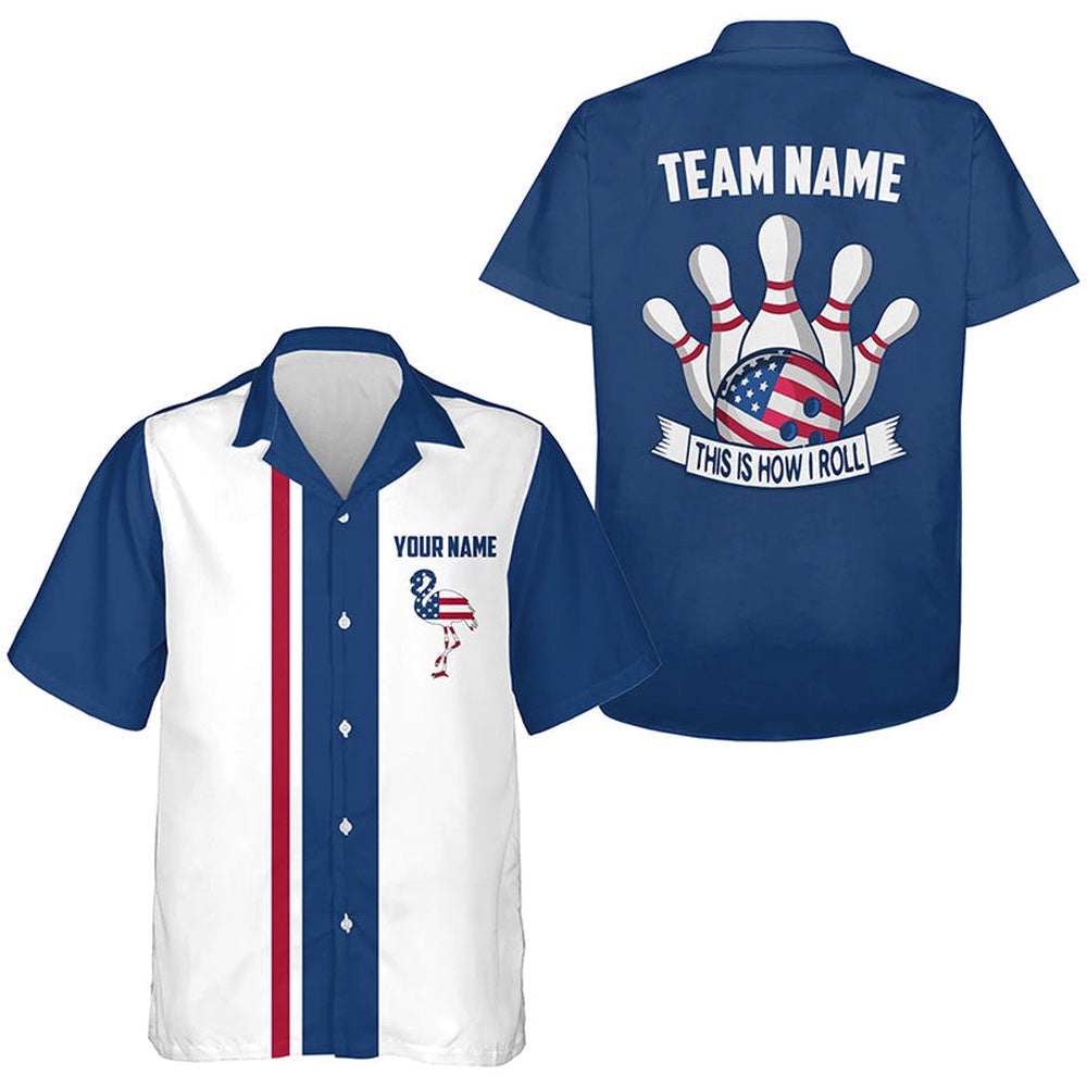 Red White And Blue Bowling Hawaiian Shirts, Custom American Flag Flamingo Bowling Button Up Shirts, Custom Team Bowling Hawaiian Shirt