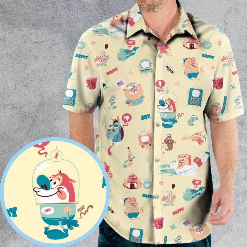 Ren and Stimpy Pattern Hawaiian Shirt