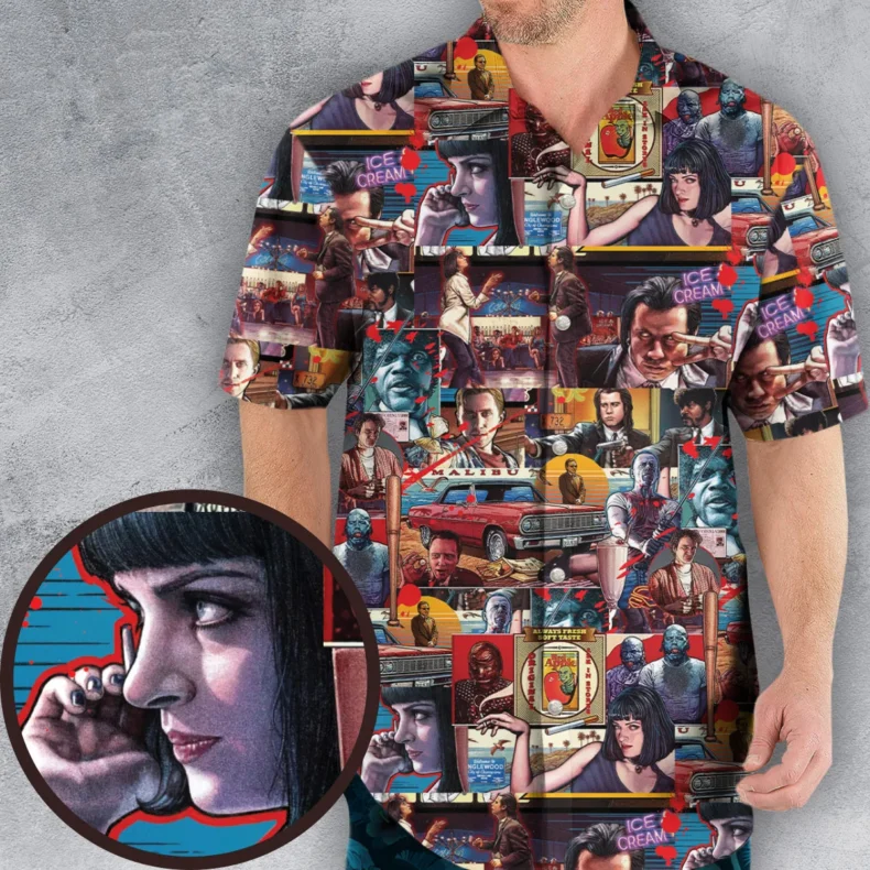 Retro Scenes Mia Wallace Vincent Vega Jules Winnfields Pulp Fiction Hawaiian Shirt