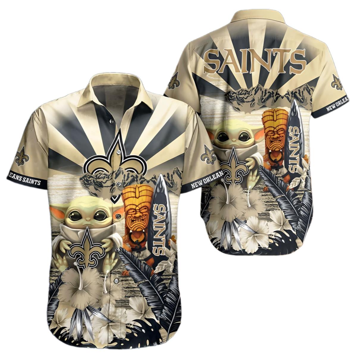 Saints Hawaiian Shirt Mens Baby Yoda And Tiki Design