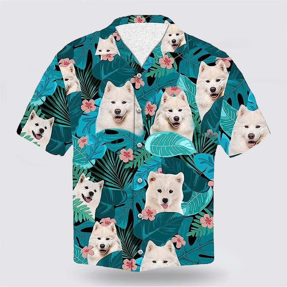 Samoy Dog On The Green Tropic Background Hawaiian Shirt - Pet Lover Hawaiian Shirts