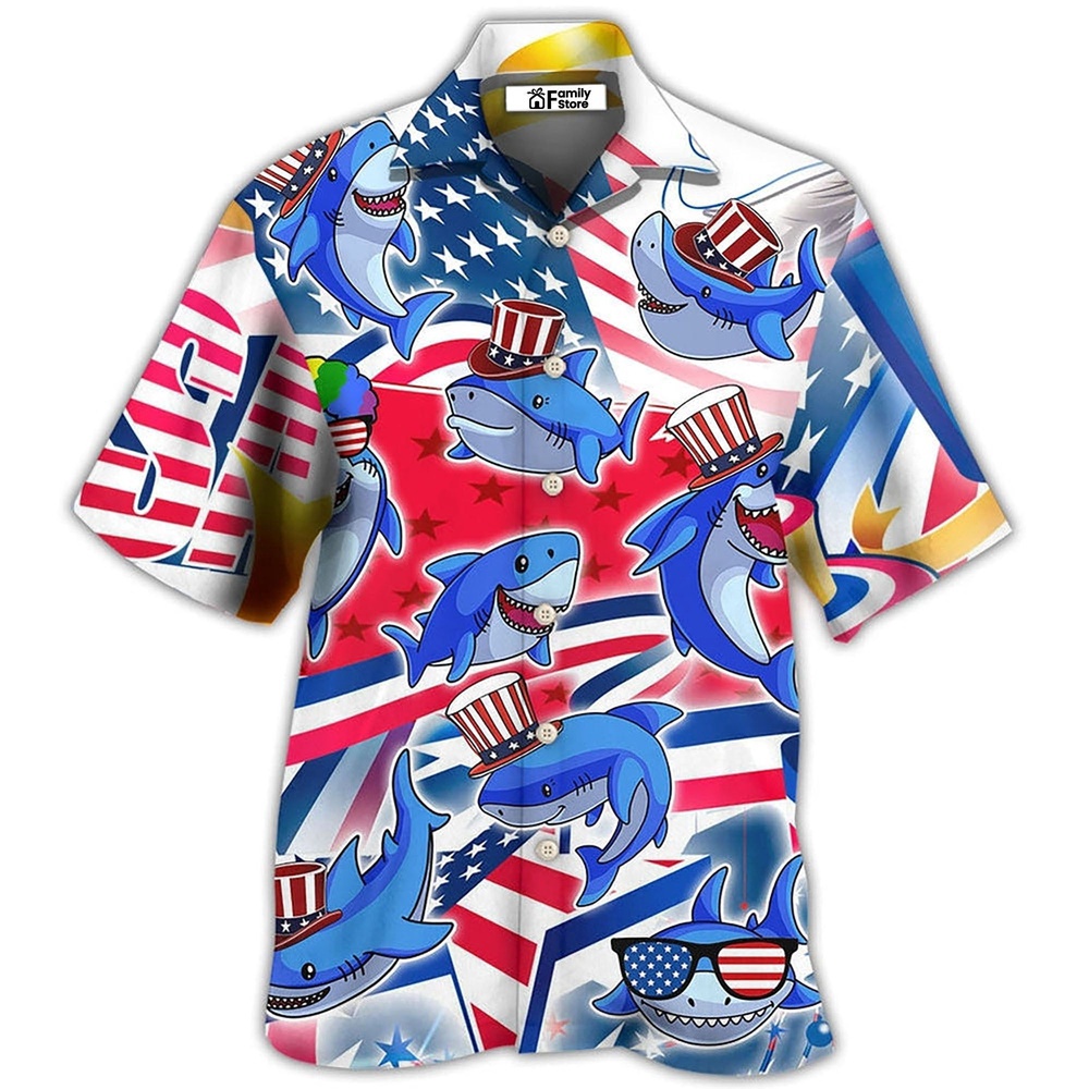 Shark Funny Usa Flag Independence Day Hawaiian Shirt, 4th Of July Hawaiian Shirt, 4th Of July Shirt