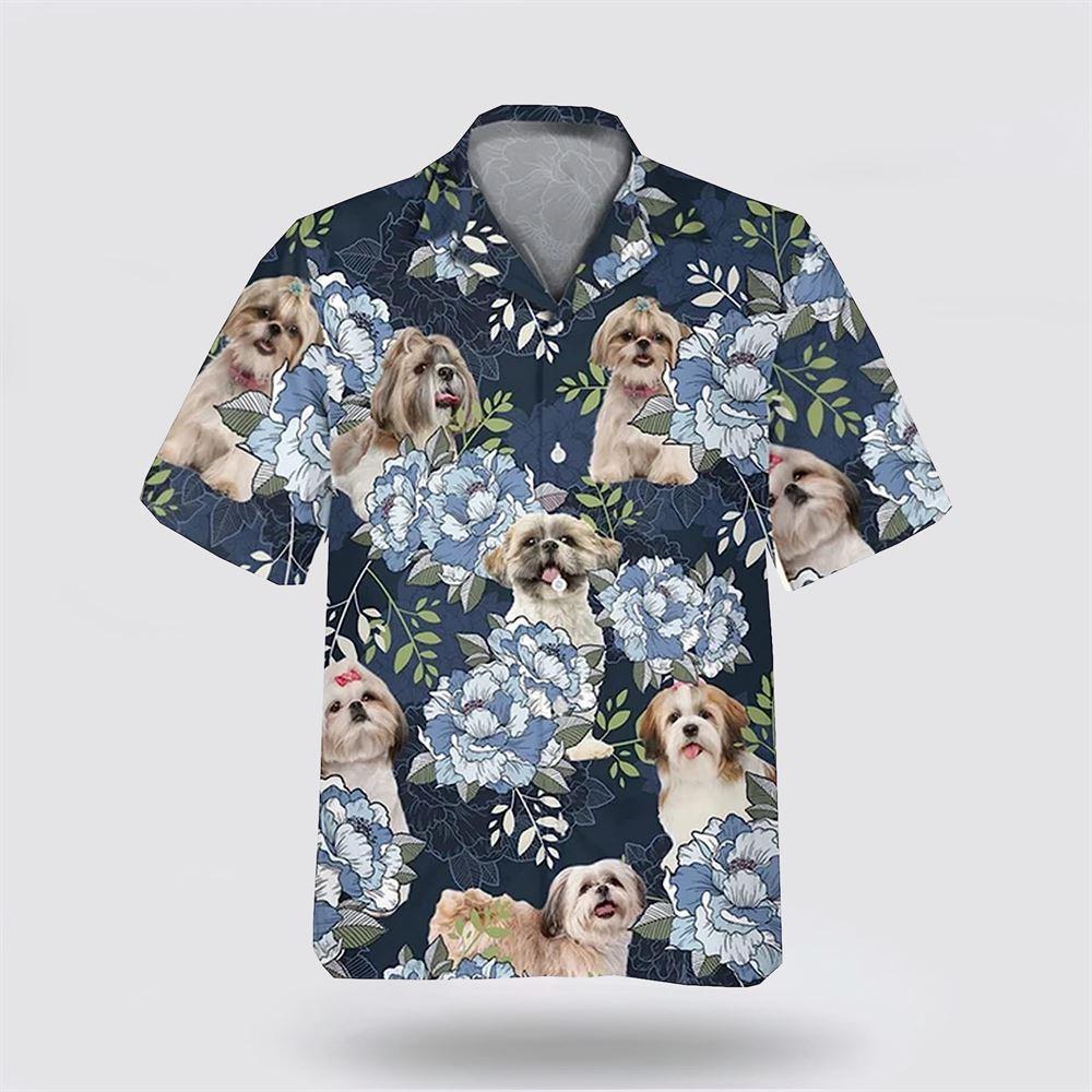 Shih Poo On The Blue Flower Background Hawaiian Shirt - Pet Lover Hawaiian Shirts