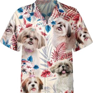 Shih Tzu On The Red Flower Tropic Background Hawaiian Shirt - Pet Lover Hawaiian Shirts
