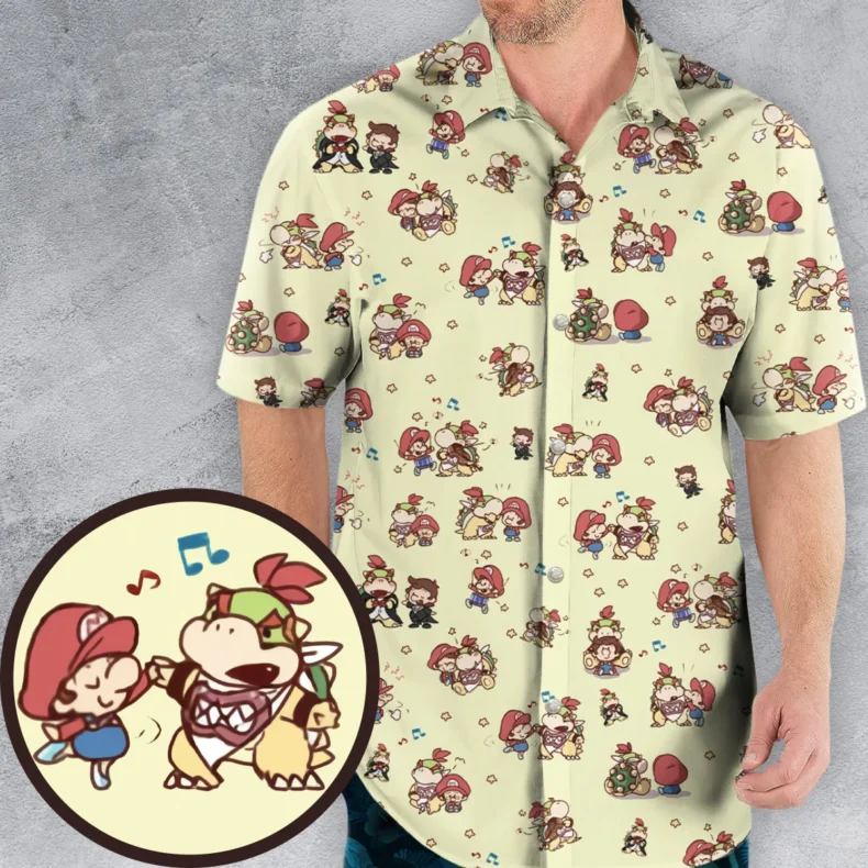 So Cute Bowser and Mario Pattern Hawaiian Shirt