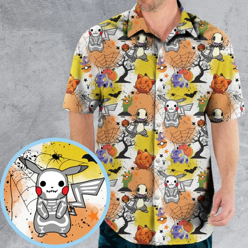 Spooky Costume Pikachu Charmander Jigglypuff Bulbasaur Pokemon Hawaiian Shirt