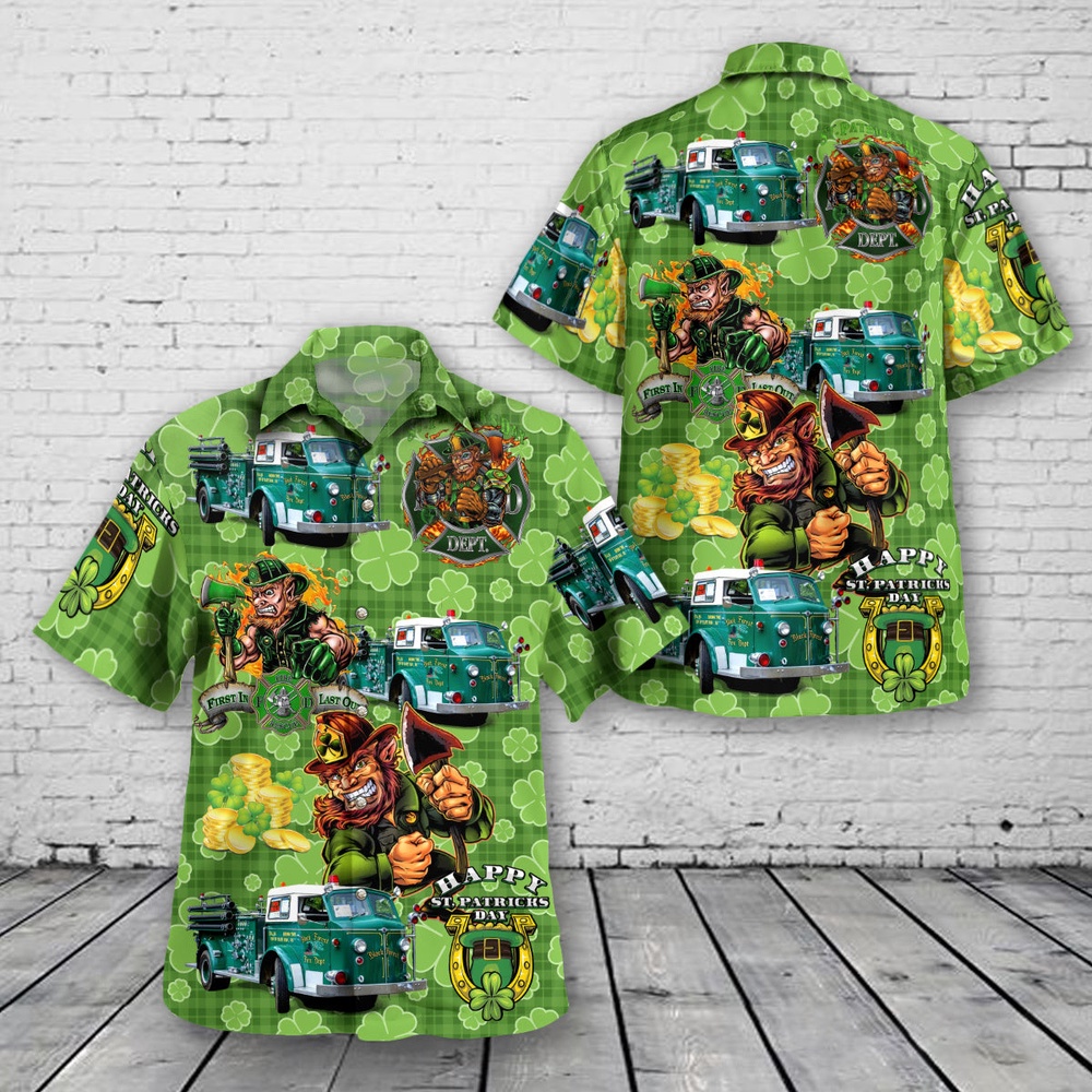 St Patricks Day Hawaiian Shirt, 1954 American LaFrance 700 Series Pumper Fire Engine St Patrick's Day Hawaiian Shirt
