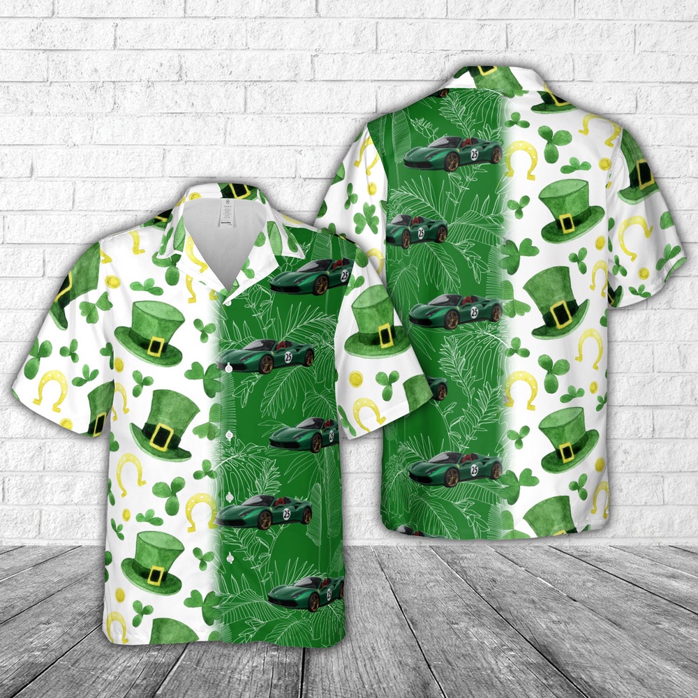 St Patricks Day Hawaiian Shirt, 2017 Ferrari 488 Spider 'Green Jewel' St Patrick's Day Hawaiian Shirt