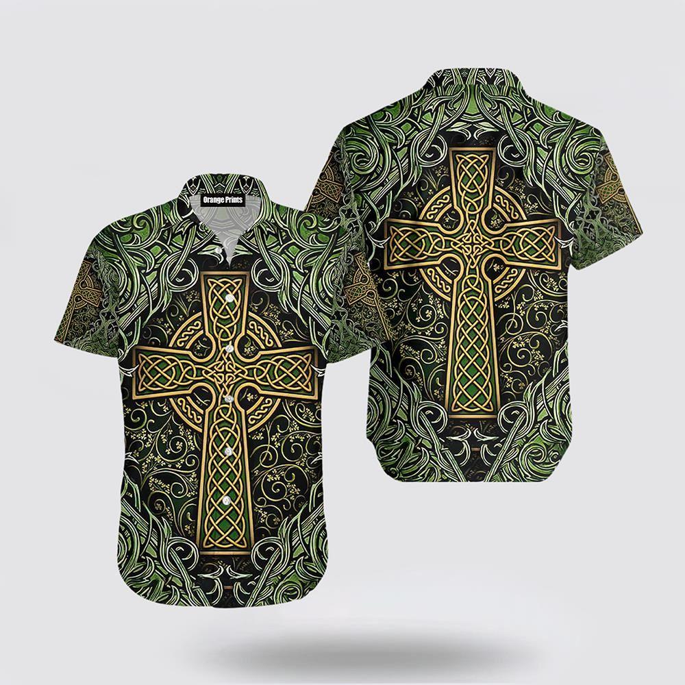 St Patrick's Day Hawaiian Shirt, Amazing Celtic Cross St Patrick Green Irish Viking Nordic Knots Hawaiian Shirt, St Patricks Day Shirts