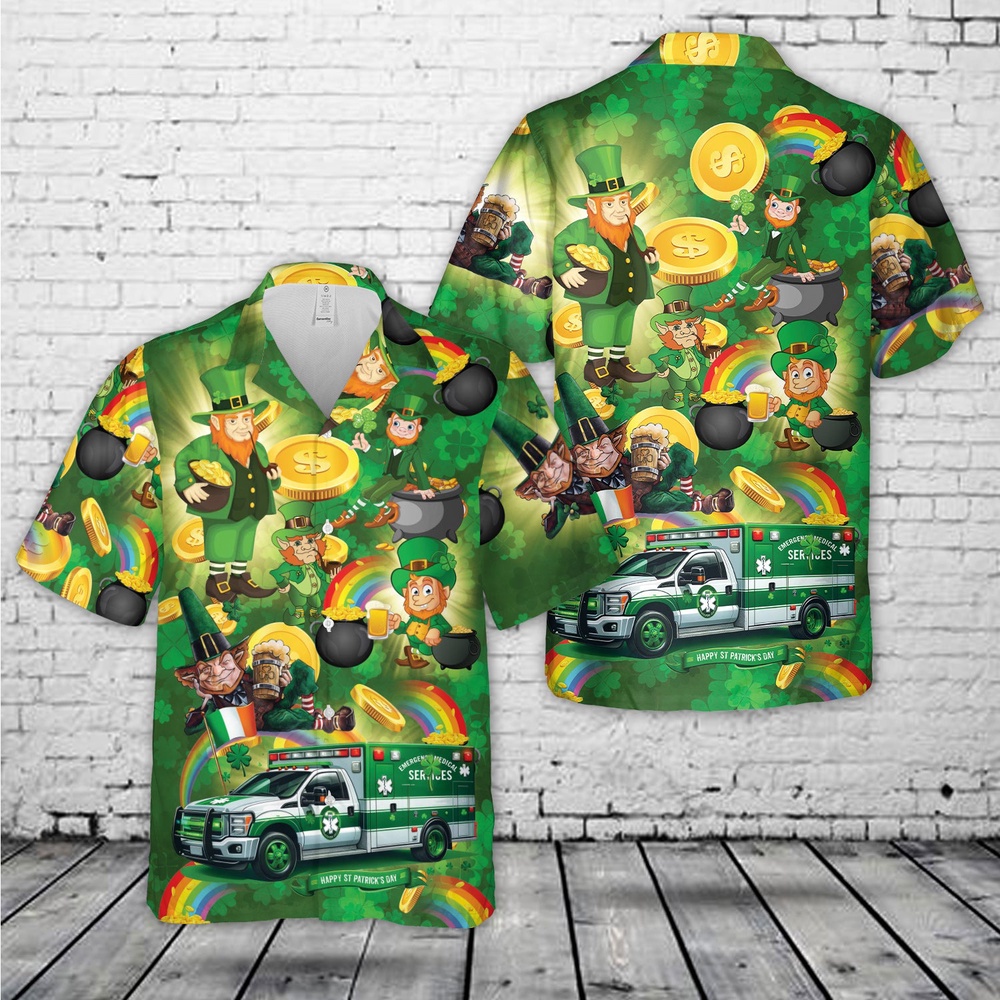 St Patricks Day Hawaiian Shirt, EMS Car St Patrick's Day Hawaiian Shirt