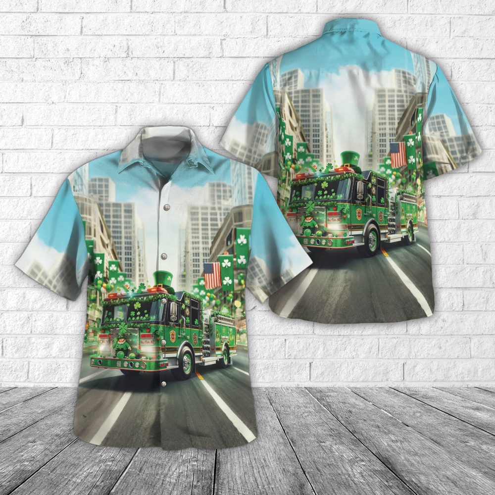 St Patricks Day Hawaiian Shirt, Fire Truck St Patrick's Day Hawaiian Shirt, Shamrock Hawaiian Shirt