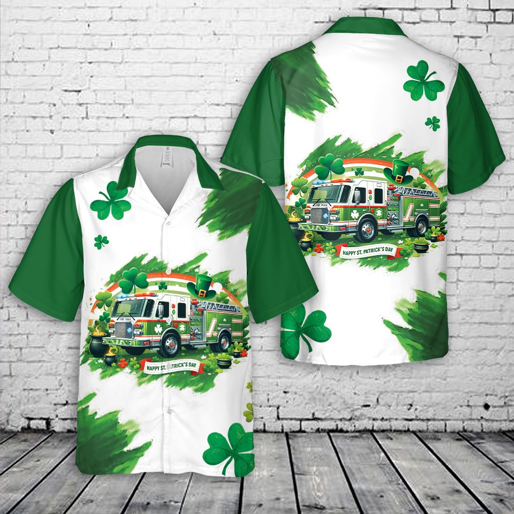 St Patricks Day Hawaiian Shirt, Fire Truck St Patrick's Day Hawaiian Shirts