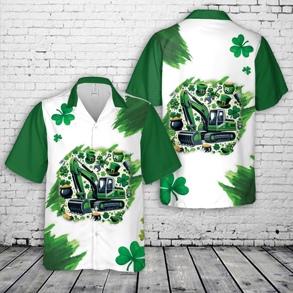 St Patricks Day Hawaiian Shirt, Green Excavator St. Patrick's Day Hawaiian Shirt