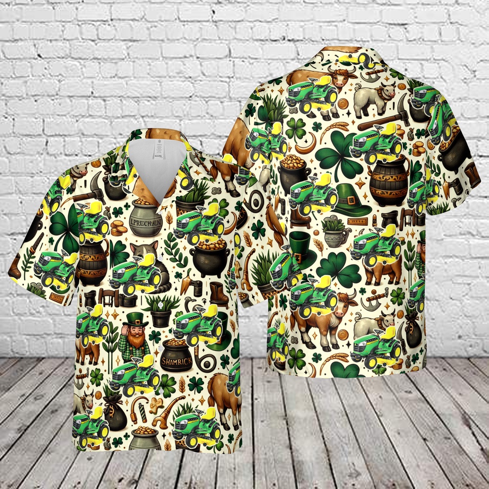 St Patricks Day Hawaiian Shirt, John Deere E180 Lawn Tractor St Patrick's Day Hawaiian Shirt