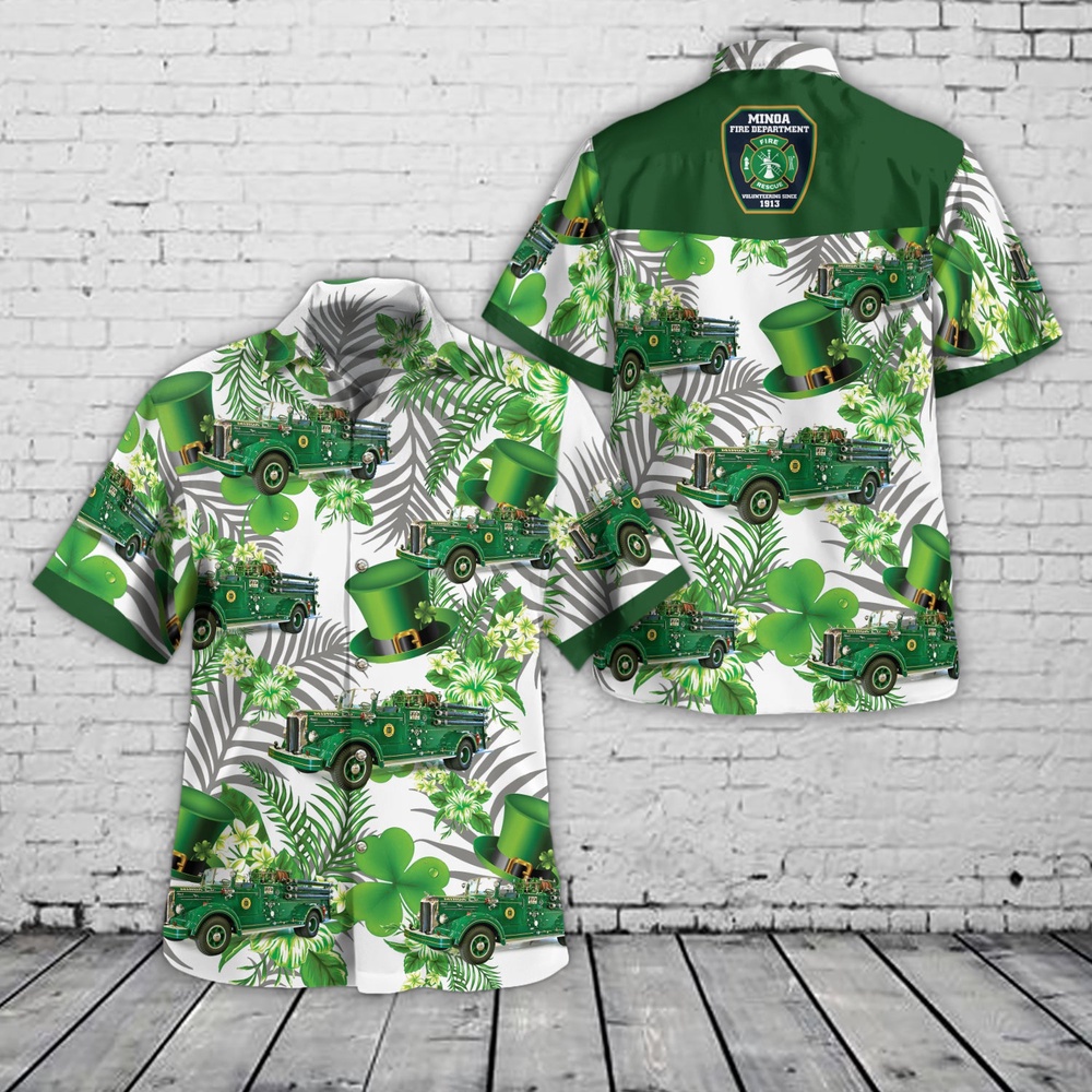 St Patricks Day Hawaiian Shirt, Minoa, New York, Minoa Fire Department Engine 1 1953 Mack L85, St Patrick's Day Hawaiian Shirt