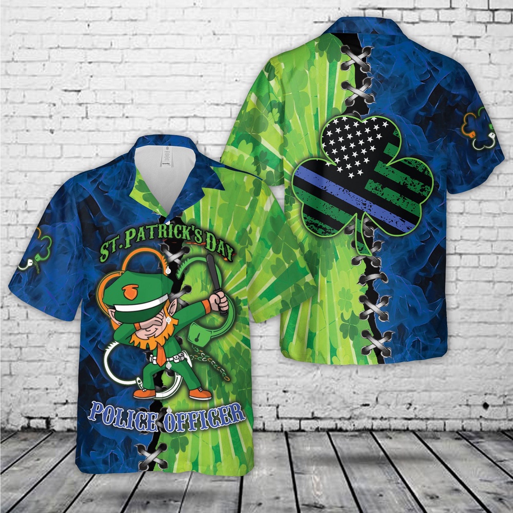 St Patricks Day Hawaiian Shirt, Police St Patrick's Day Leprechaun Hawaiian Shirt