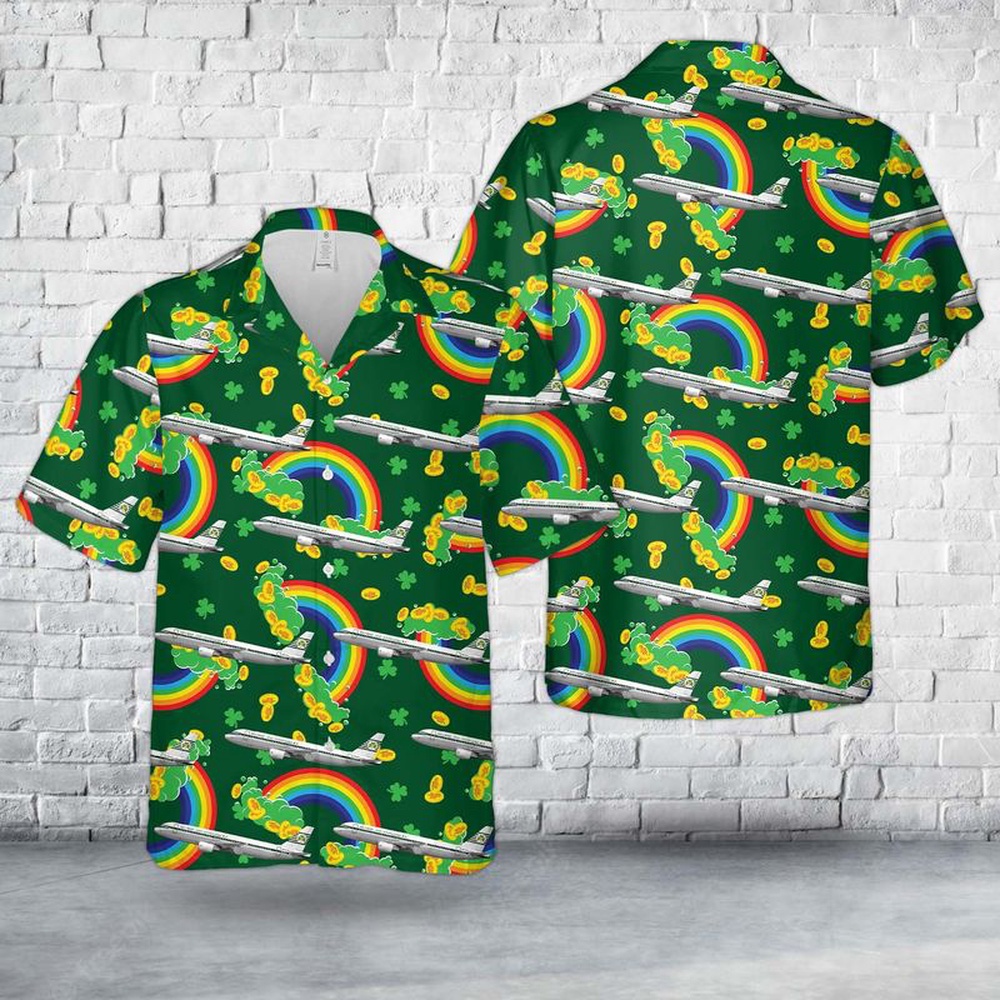 St Patricks Day Hawaiian Shirt, St. Patrick's Day, Aer Lingus Retrojet St Colman Airbus A320-214 EI-DVM Hawaiian Shirt