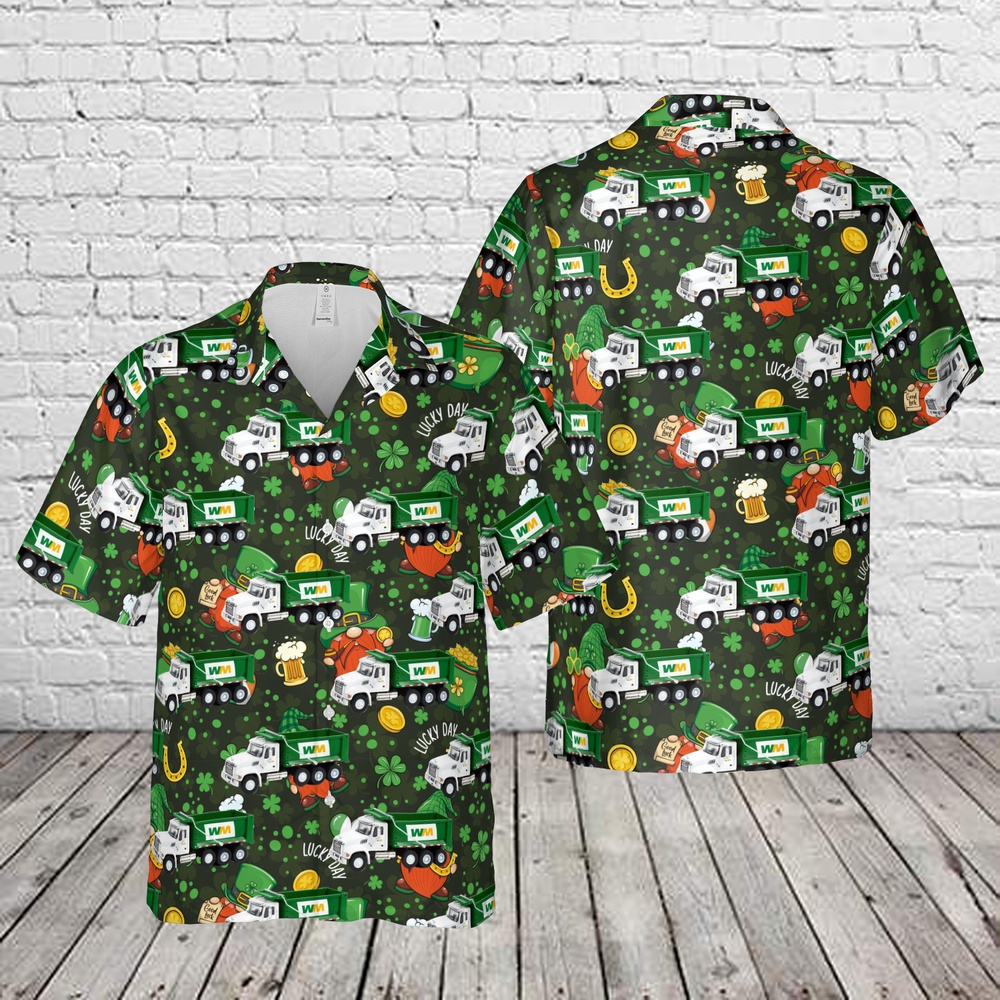 St Patricks Day Hawaiian Shirt, Waste Management Dump Truck St. Patrick's Day Hawaiian Shirt