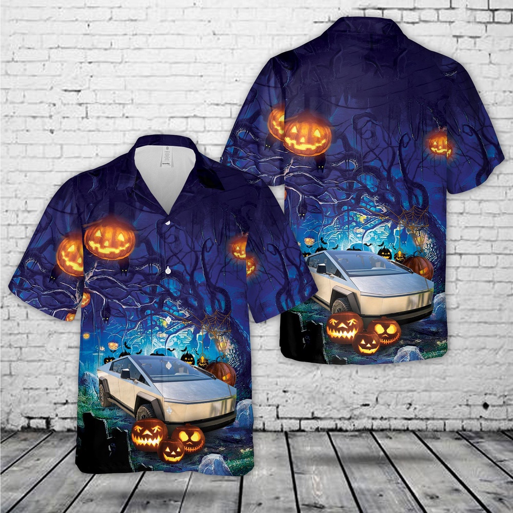Tesla Cybertruck Halloween Hawaiian Shirt, Halloween Hawaiian Shirt, Horror Hawaiian Shirt