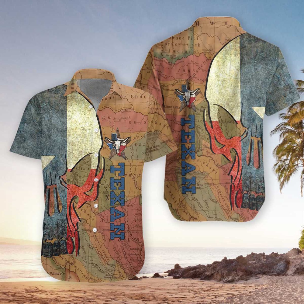 Texan And Skull Map And Flag Pattern Texas Hawaiian Shirt, Texas Hawaii Shirt, Texas Shirt