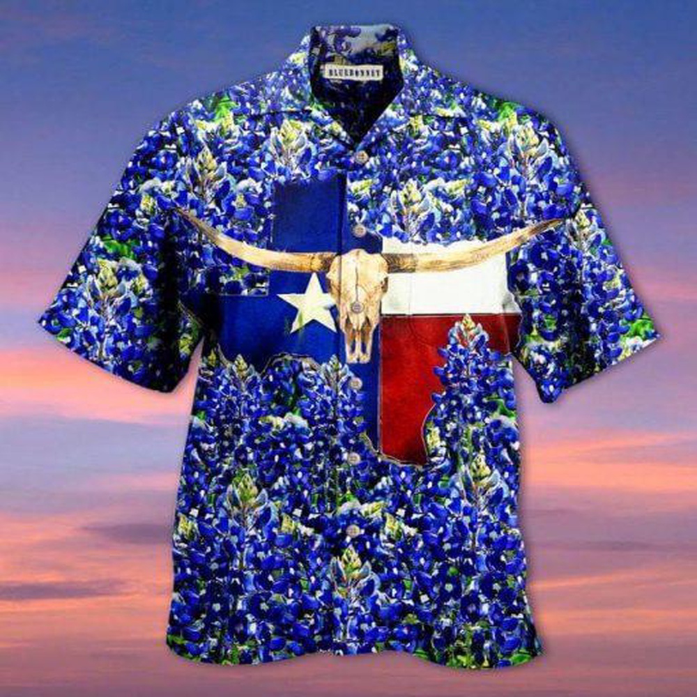 Texas Skull Bluebonnet Hawaiian Shirt, Texas Hawaii Shirt, Texas Shirt