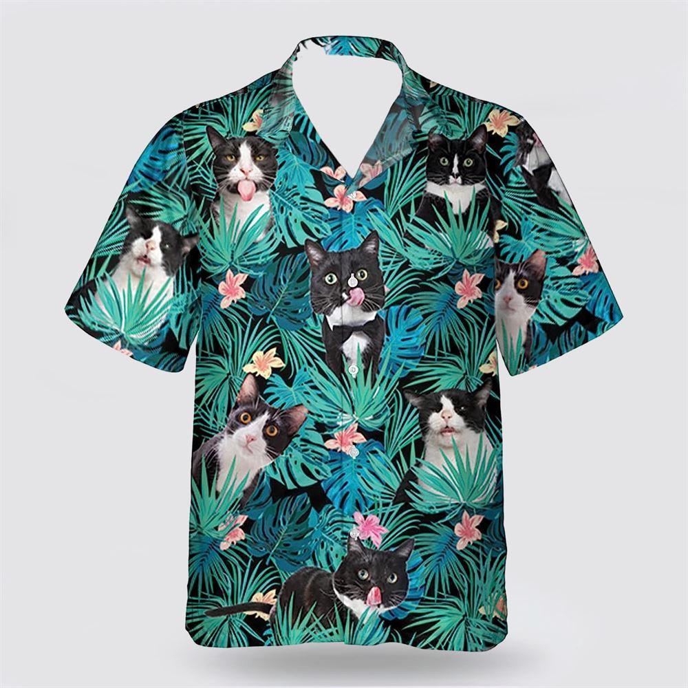 Tuxedo Cat With Funny Face Leaves Tropic Hawaiin Shirt - Gifts For Pet Lover
