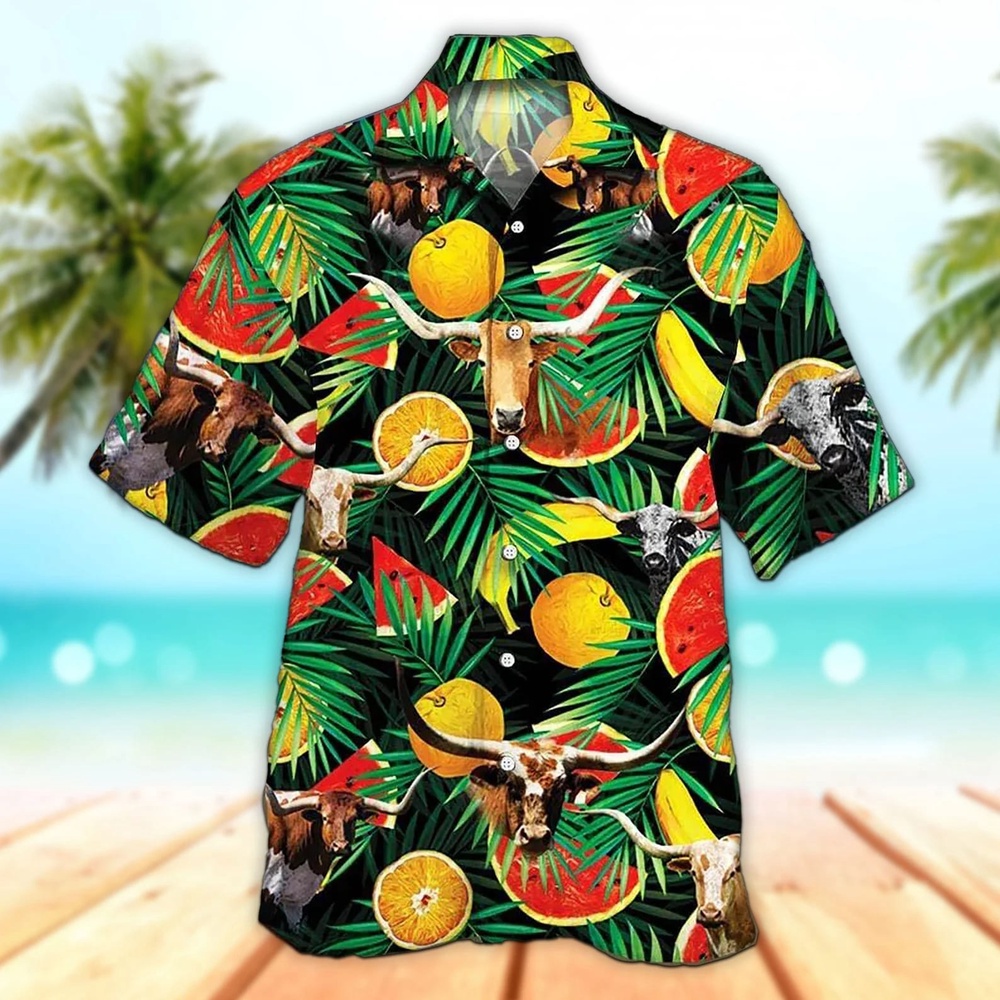 Unisex 3D Texas Longhorn Cattle Tropical Fruits Hawaiian Shirt, Texas Hawaii Shirt, Texas Shirt