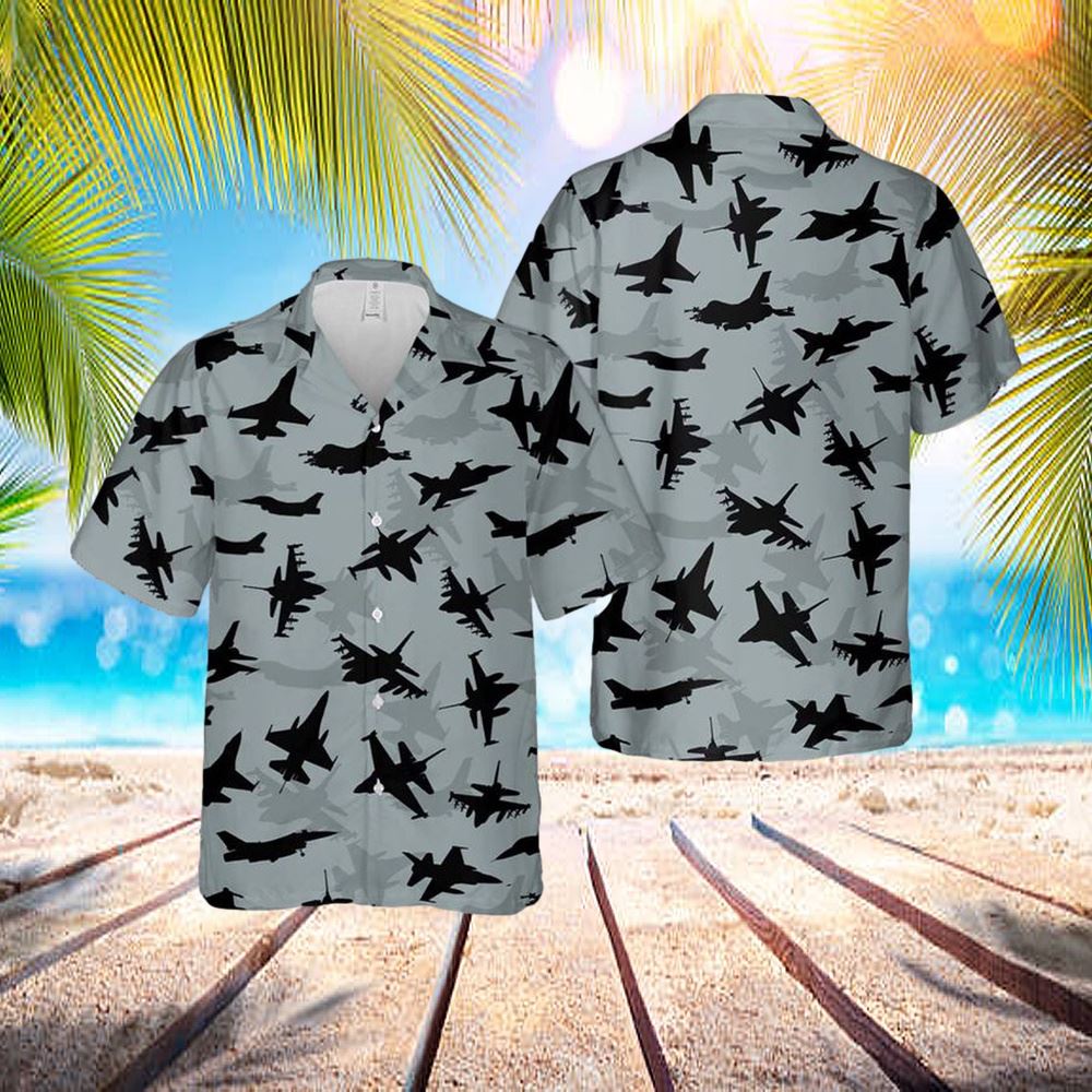 Us Air Force General Dynamics F-16 Fighting Falcon Aircraft Silhouettes Hawaiian Shirt - Hawaiian Outfit For Men