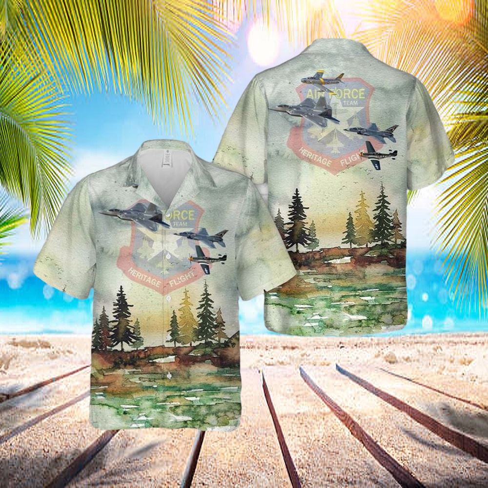 Us Air Force Heritage Flight P-51 F-22 F-35 F-16 A-10 Demo Team Hawaiian Shirt - Hawaiian Outfit For Men