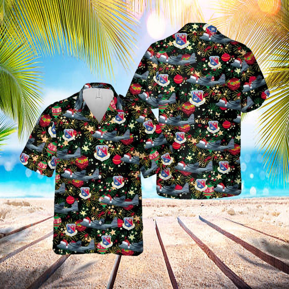 US Air Force Puerto Rico Air National Guard 156th Wing Lockheed WC-130H Hercules Christmas Hawaiian Shirt - Mens Hawaiian Shirt - US Air Force Gifts