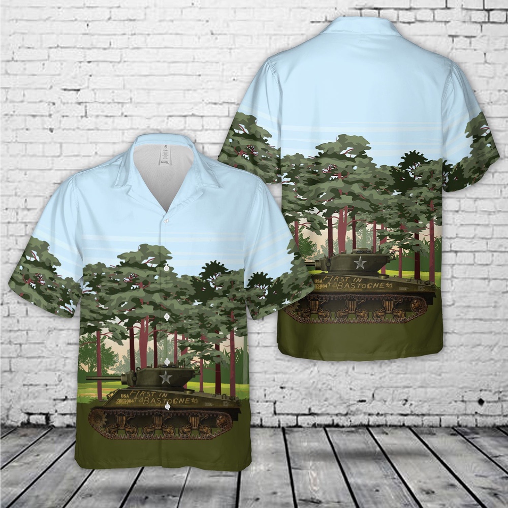 Us Army Hawaiian Shirt, US Army 4th Armored Division M4A3E2 Jumbo "Cobra King" with the "First in Bastogne" inscription Hawaiian Shirt