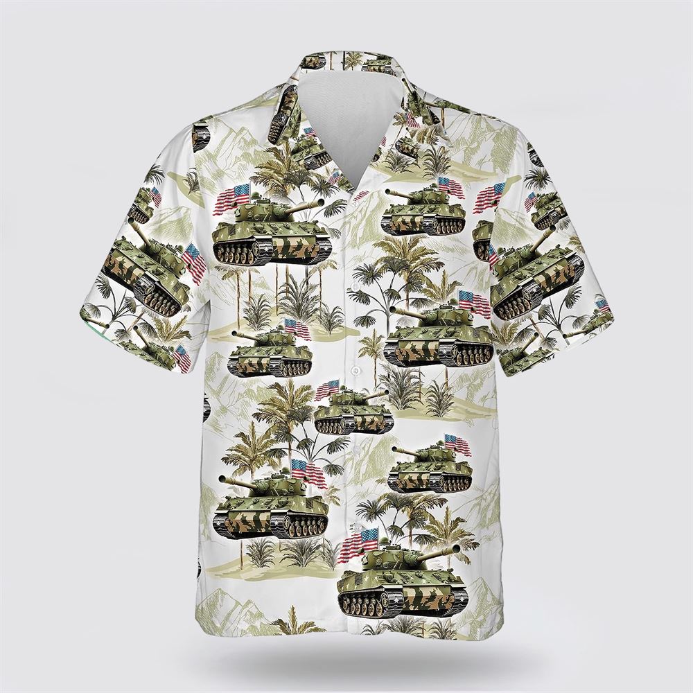 US Army Tank Tree American Flag Pattern Hawaiian Shirt - Gift For Military Personnel
