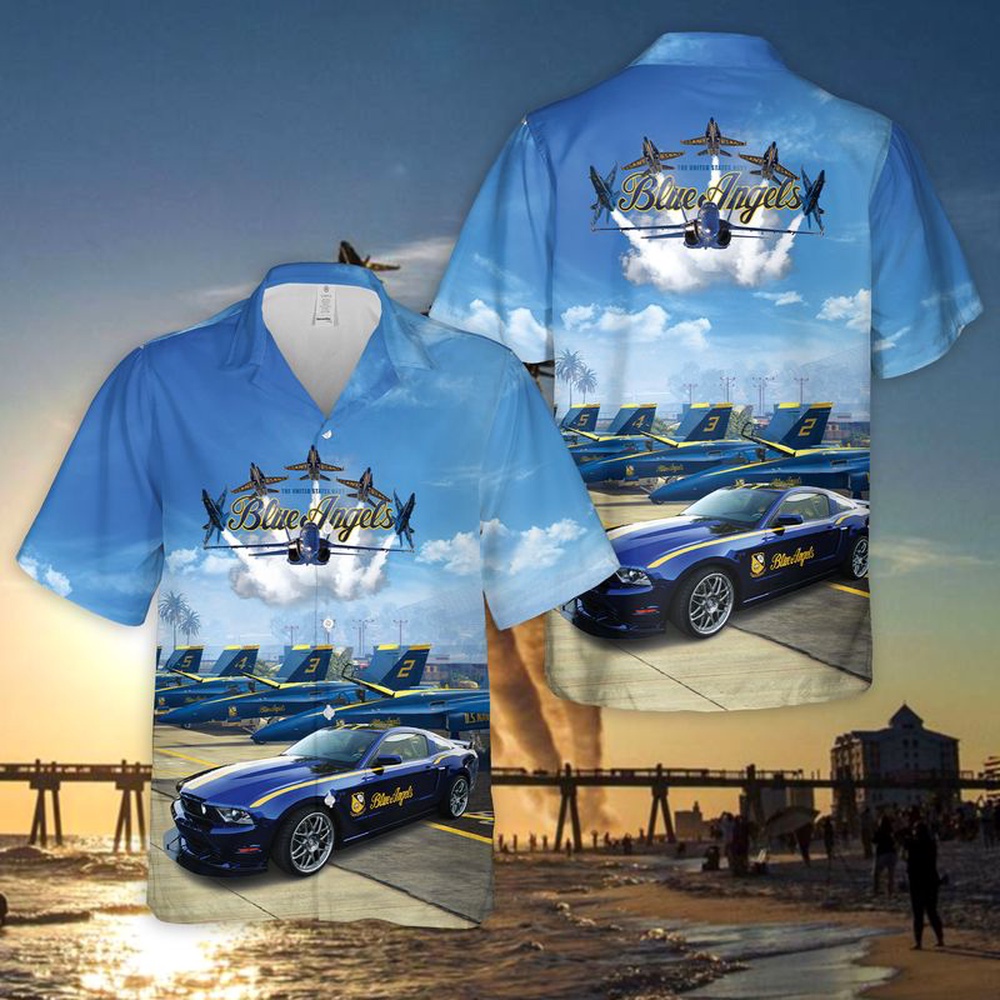 Us Navy Hawaiian Shirt, US Navy Blue Angels Ford Mustang GT Hawaiian Shirt, Military Aloha Shirt