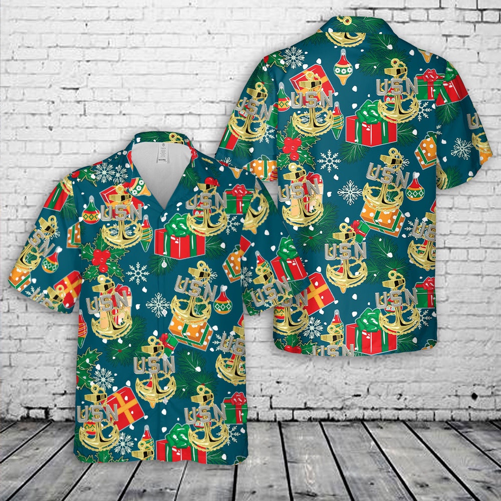 Us Navy Hawaiian Shirt, US Navy Chief Anchor Christmas Hawaiian Shirt, Military Aloha Shirt