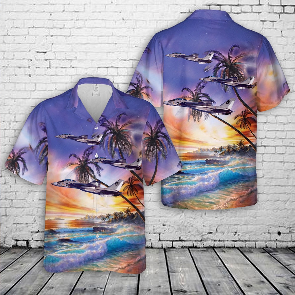 Us Navy Hawaiian Shirt, US Navy F-14A Tomcat 159605 of VF-124 NJ-466 Hawaiian Shirt, Military Aloha Shirt