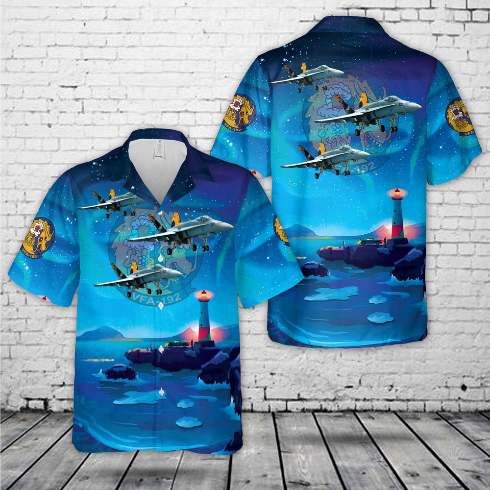 Us Navy Hawaiian Shirt, US Navy Strike Fighter Squadron 192 (VFA-192) World Famous Golden Dragons FA-18C (N) Hornet Hawaiian Shirt