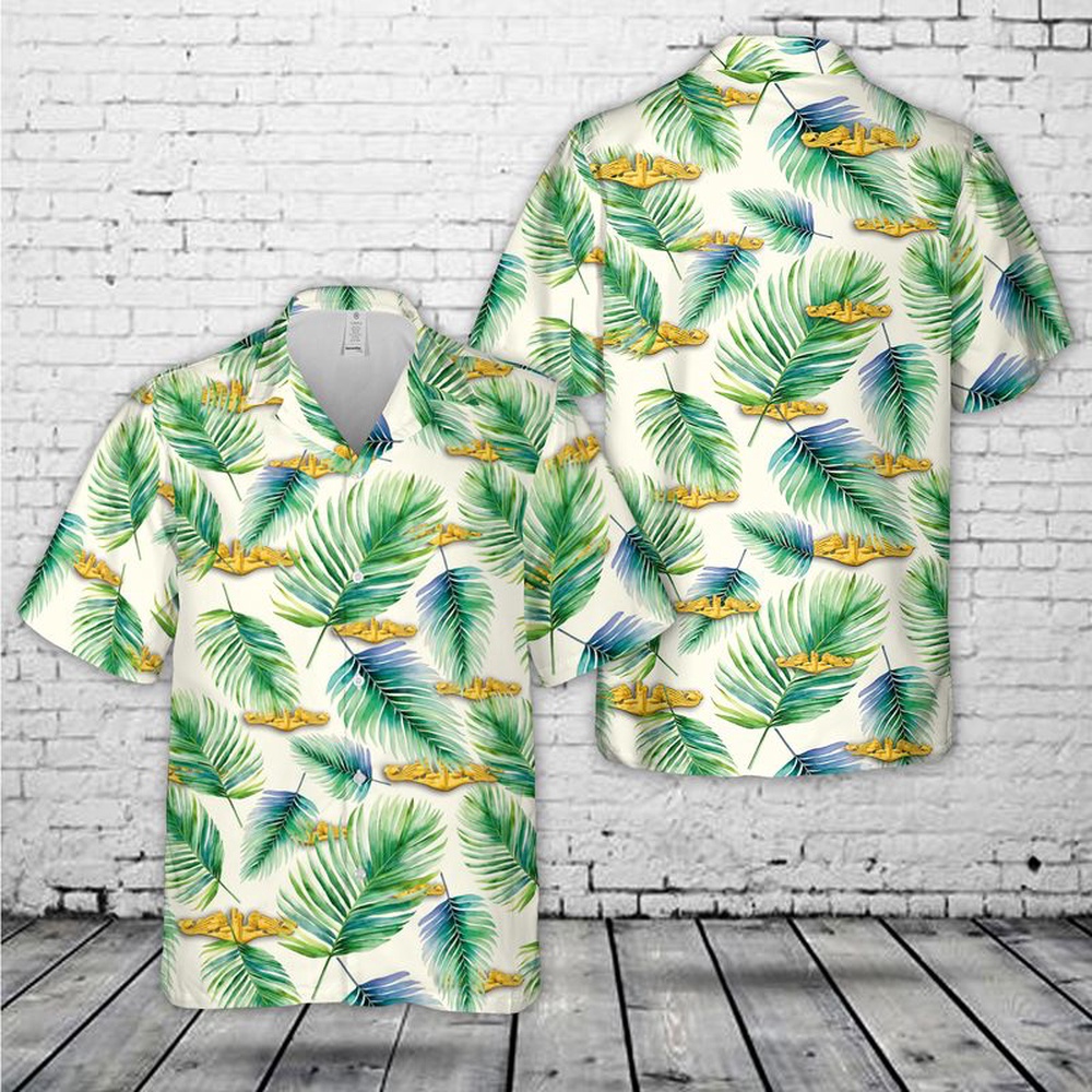 Us Navy Hawaiian Shirt, US Navy Submarine Warfare insignia Gold Hawaiian Shirt, Military Aloha Shirt