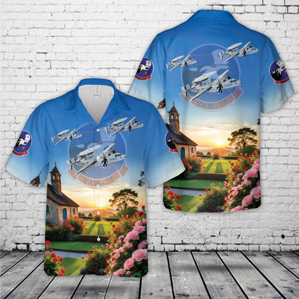 Us Navy Hawaiian Shirt, US Navy VAW-77 Night Wolves E-2C Hawaiian Shirt, Military Aloha Shirt
