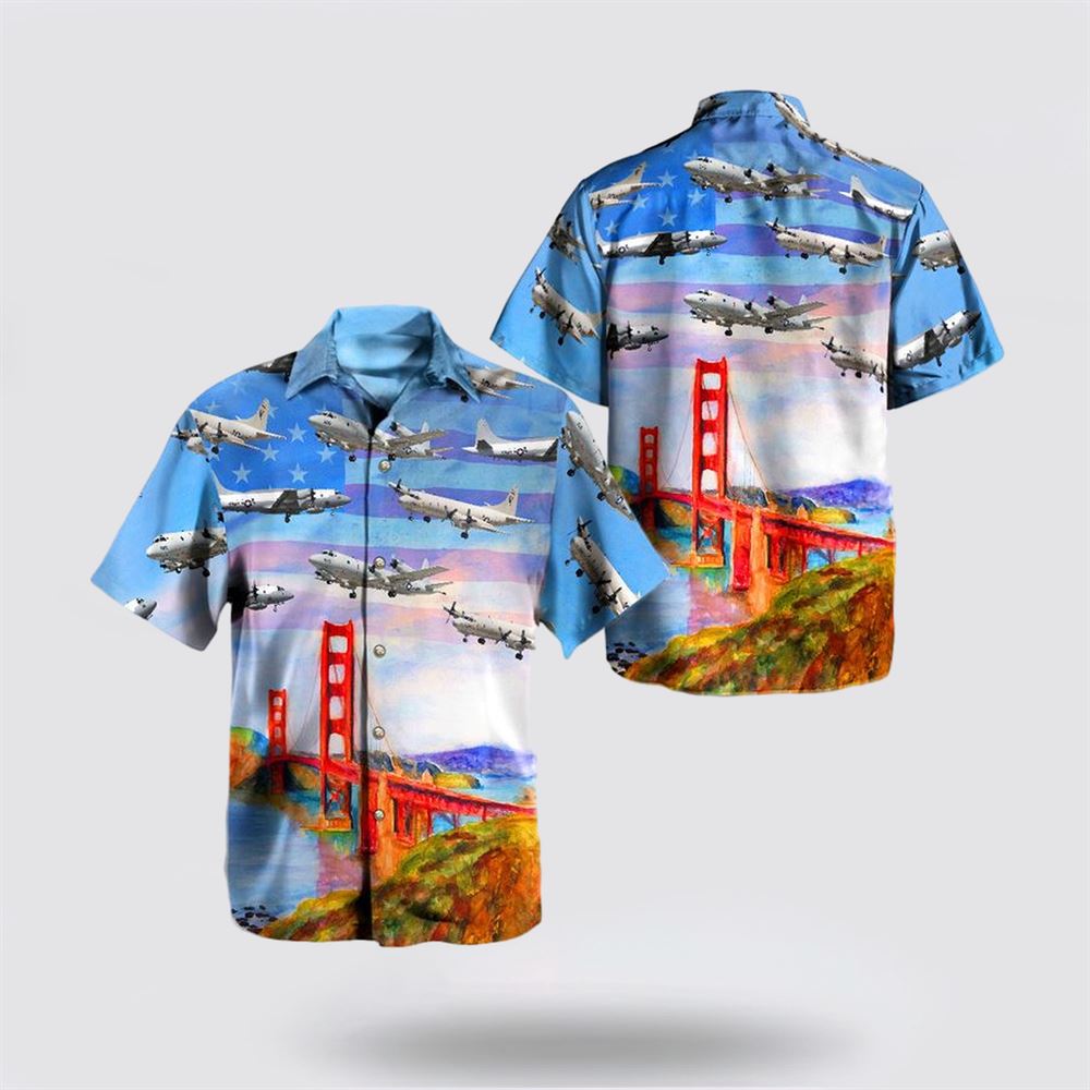 US Navy Lockheed P-3 Orion Independence Day Golden Gate Bridge Hawaiian Shirt - Beachwear Gifts For Navy Military Personnel