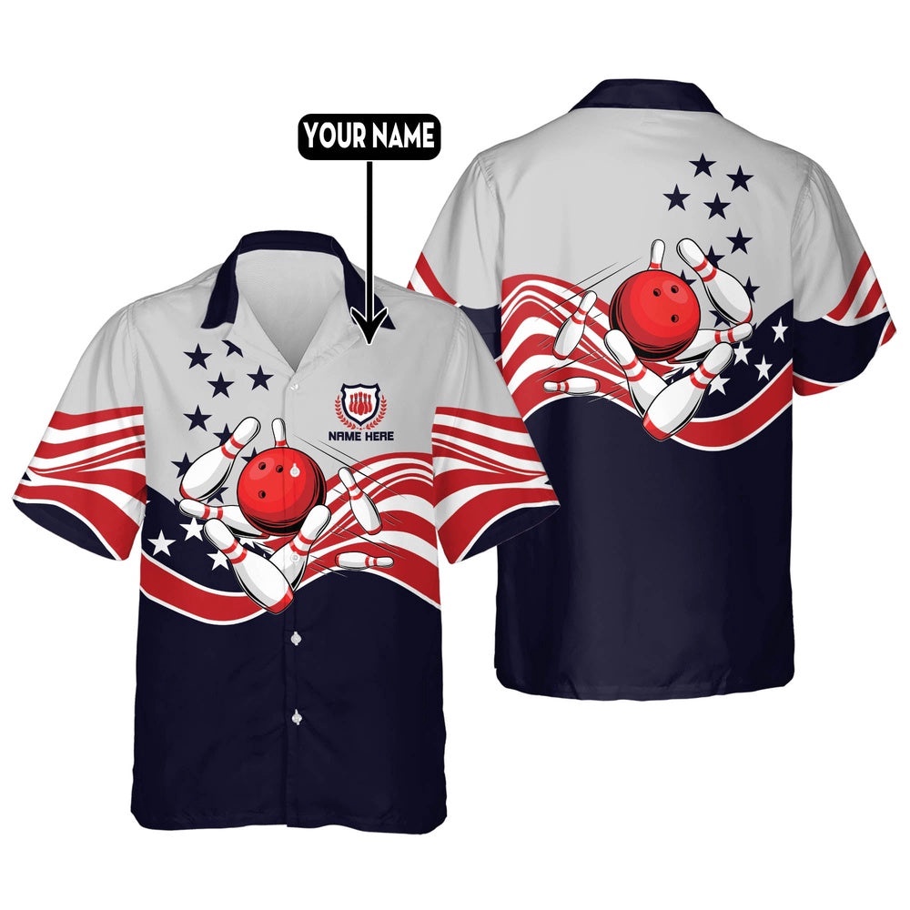 USA Bowling Button-Down Hawaiian Shirt, Custom Bowling Shirt, Custom Team Bowling Hawaiian Shirt