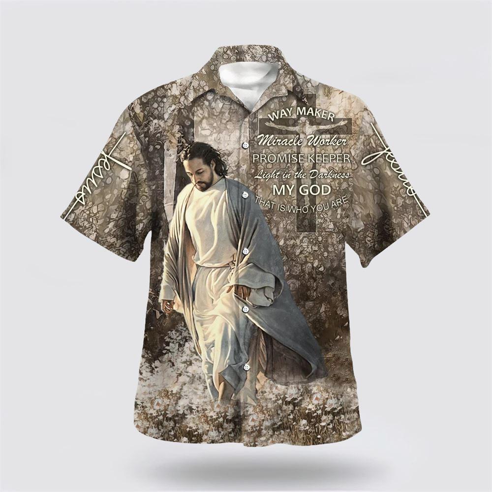 Way Maker Miracle Worke Jesus Walking Through The Fields Hawaiian Shirts - Gifts For Christian Families