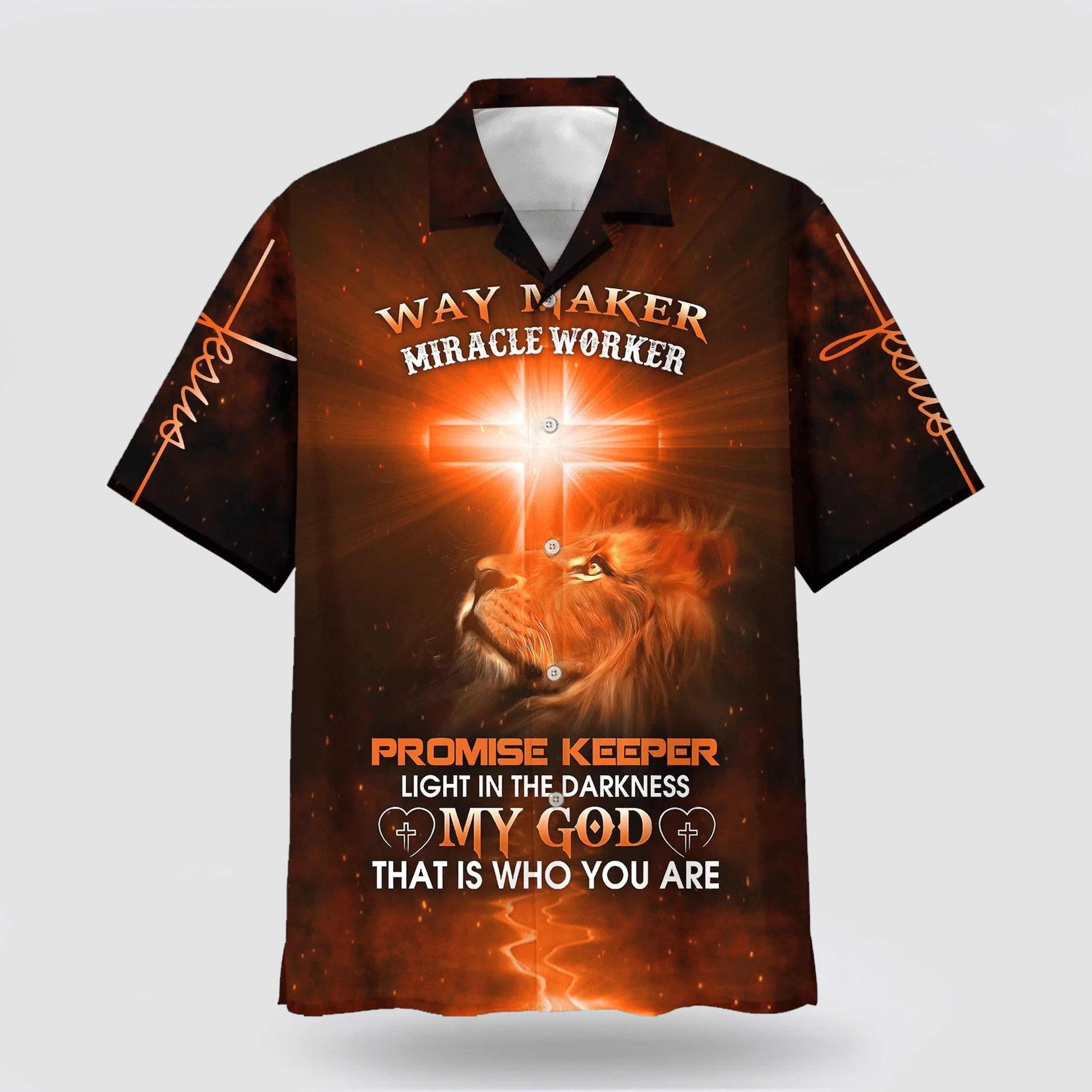 Way Maker Miracle Worker Promise Keeper Light In The Darkness My God That Is Who You Are Lion Cross Hawaiian Shirt - Gifts For Christian Families