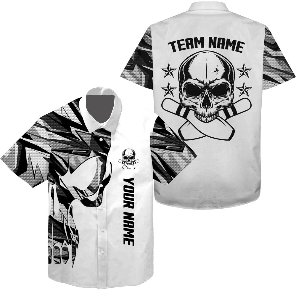 White Camo Bowling Hawaiian Shirt Skull Bowling, Custom Team Bowling Hawaiian Shirt
