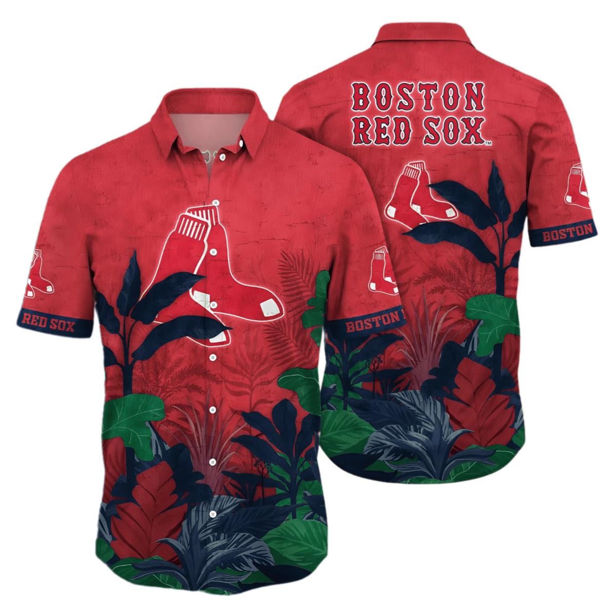 Women Boston Red Sox Hawaiian Shirt Flower Tropical Trees Pattern