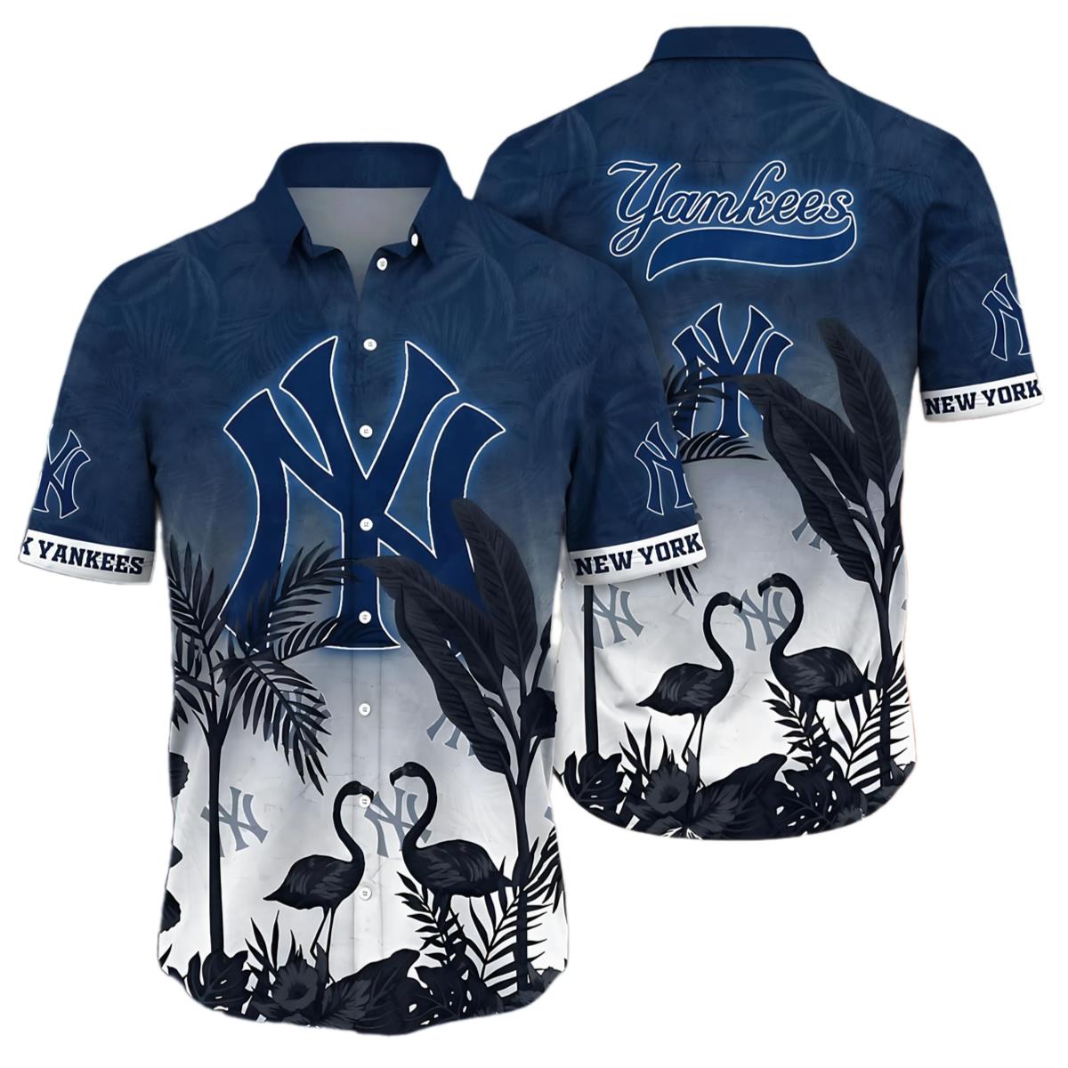 Womens Yankees Hawaiian Shirt Tropical Flamingo Print