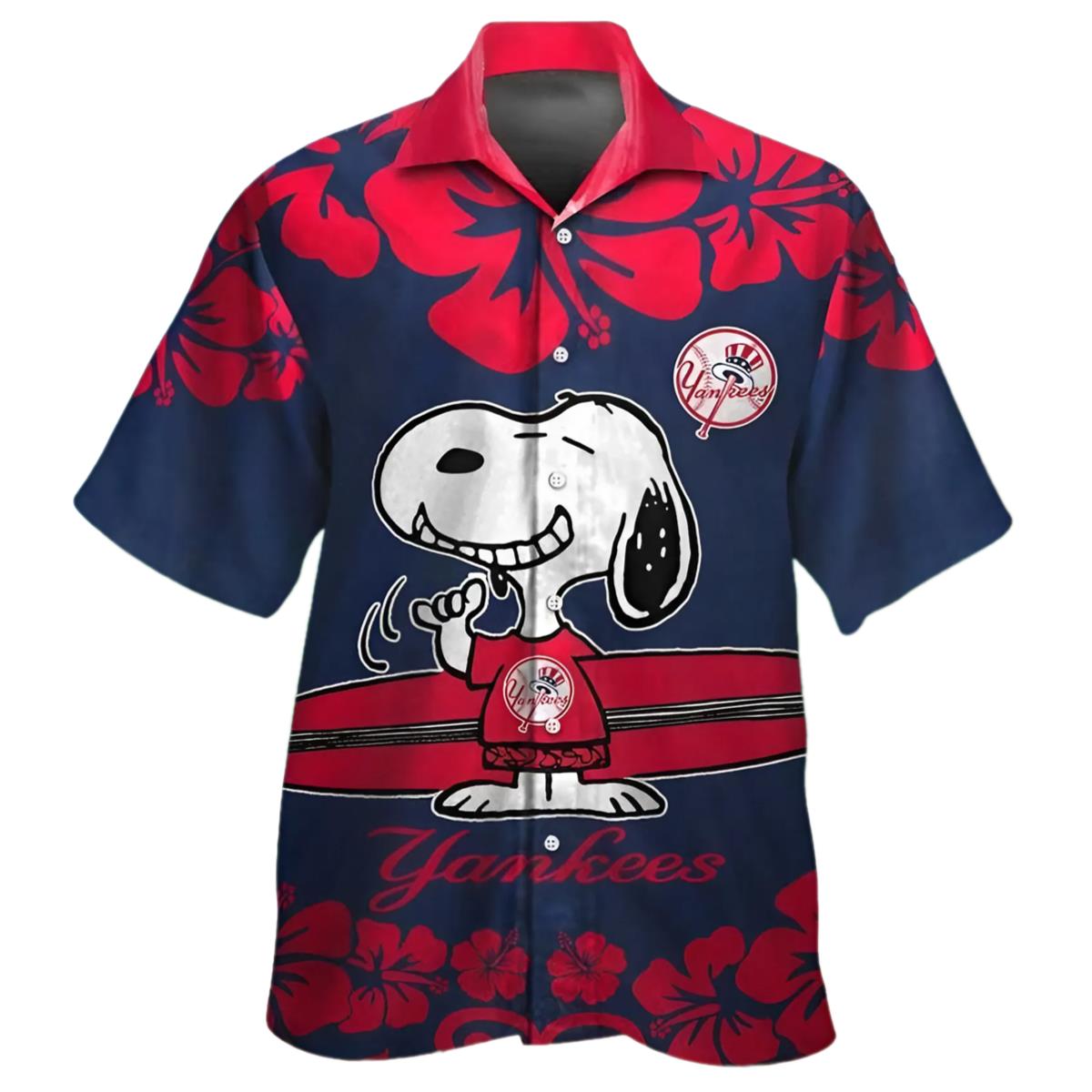 Yankees Hawaiian Shirt Mens Snoopy And Hibiscus Design