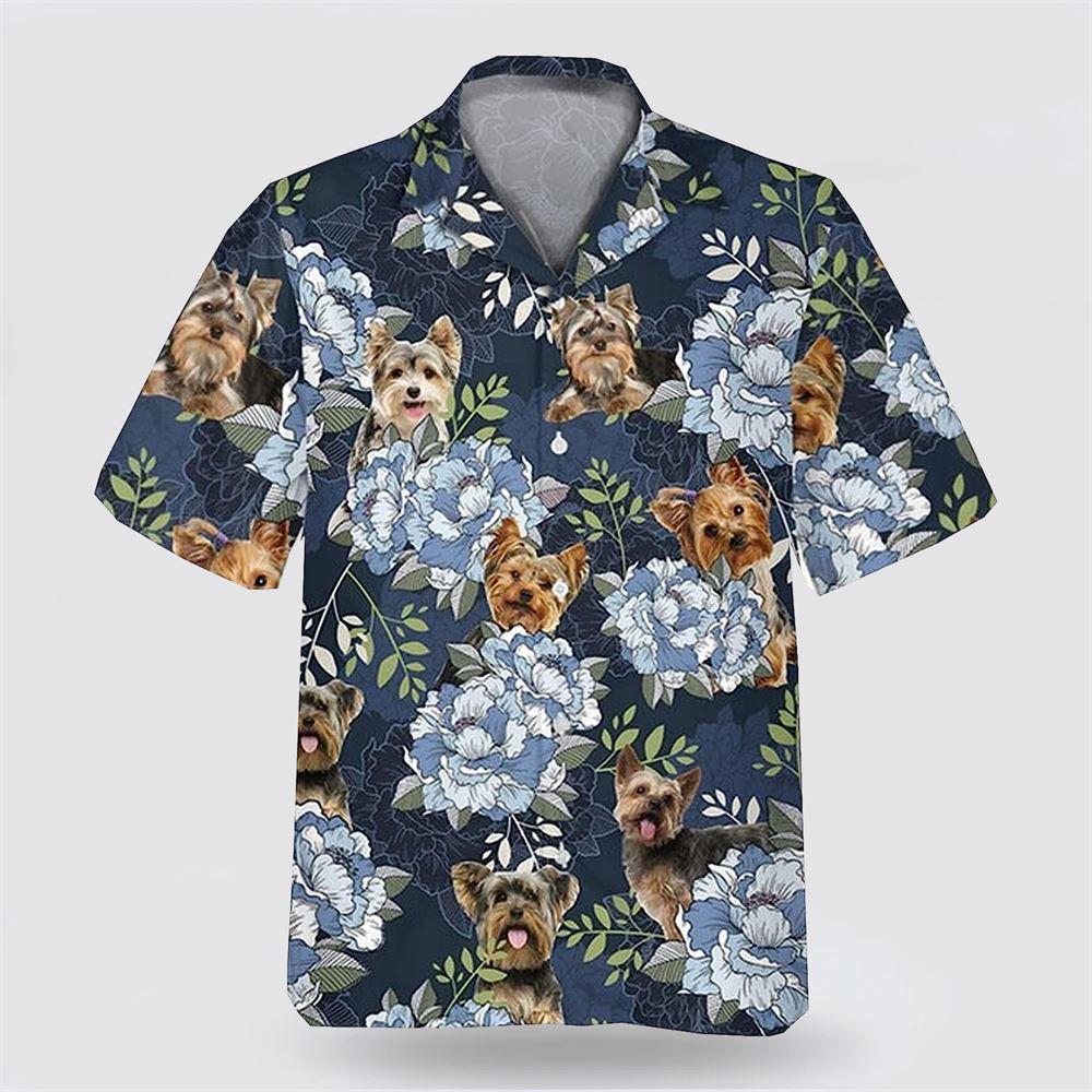 Yorkie Dog On The Blue Flower Background Hawaiian Shirt - Pet Lover Hawaiian Shirts